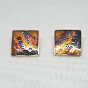 Vintage Geometric Art Design Colorful Enamel Stud Earrings.